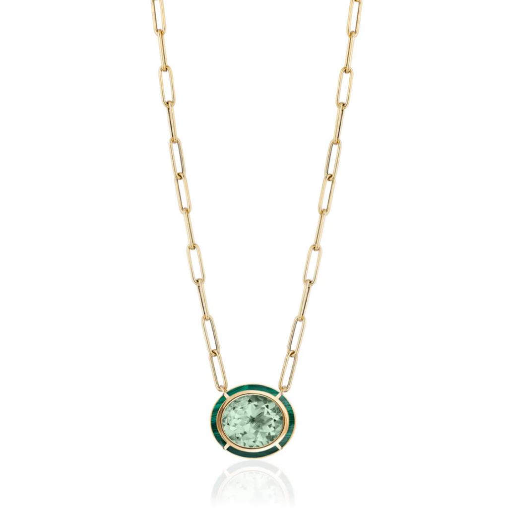 Mélange 18K Gold Prasiolite and Malachite Inlay Pendant Necklace