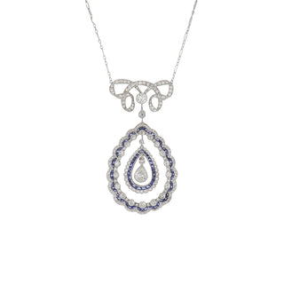 Estate 18K White Gold Sapphire & Diamond Edwardian Style Pendant Necklace