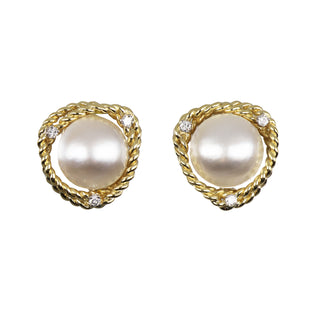 Vintage 1990s 18K Gold Mabe Pearl Earrings with Diamonds