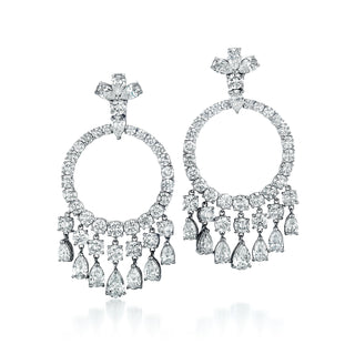 Estate 18K White Gold Round and Pear Diamond Circular Tassel Earrings