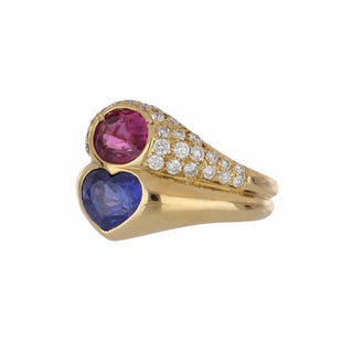 Vintage 1980s Bulgari 18K Gold Pink and Blue Sapphire Twin Stone Ring