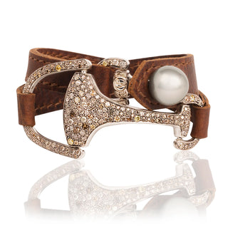 Vincent Peach Sterling Silver Diamond Horse Bit Leather Wrap Bracelet and Pearl