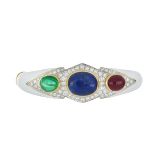 Vintage David Webb Two-Tone Cabochon Gemstone & Diamond Bangle Bracelet