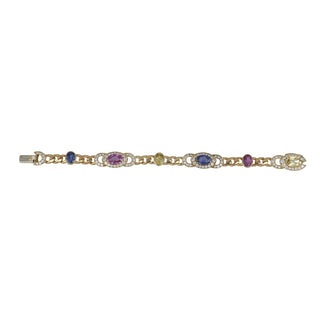 Vintage 1980s 18K Gold Multicolor Sapphire Link Bracelet with Diamonds