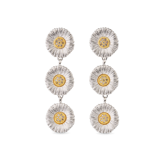 Buccellati Sterling Silver and Gold Diamond Triple Daisy Pendant Earrings