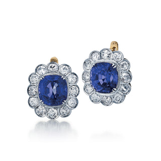 Edwardian Two-Tone Natural Burmese Sapphire & Diamond Cluster Earrings