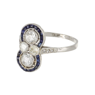 Art Deco Platinum Diamond Twin-Stone Ring with Sapphire Frame