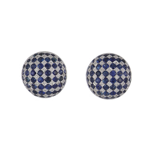 Vintage 1990s 18K White Gold Sapphire and Diamond Checkerboard Button Earrings