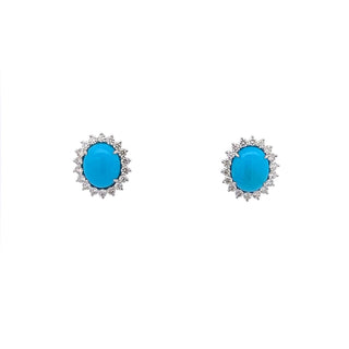 18K White Gold Turquoise and Diamond Cluster Stud Earrings