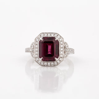 Estate Frederic Sage 14K White Gold Rhodolite Garnet & Diamond Halo Ring