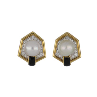 Vintage David Webb Two-Tone South Sea Pearl, Diamond & Black Enamel Earrings