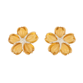 Tenenbaum 18K Gold Carved Citrine Flower Earrings with Diamonds