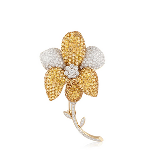 Estate 18K Gold Yellow Sapphire and Diamond Flower Brooch