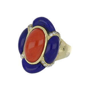 Mid-Century Coral & Lapis Life Raft Ring with Diamonds