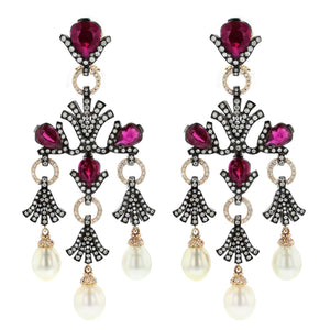 Zorab 18K Gold and Palladium Rubellite and Pearl Chandelier Earrings