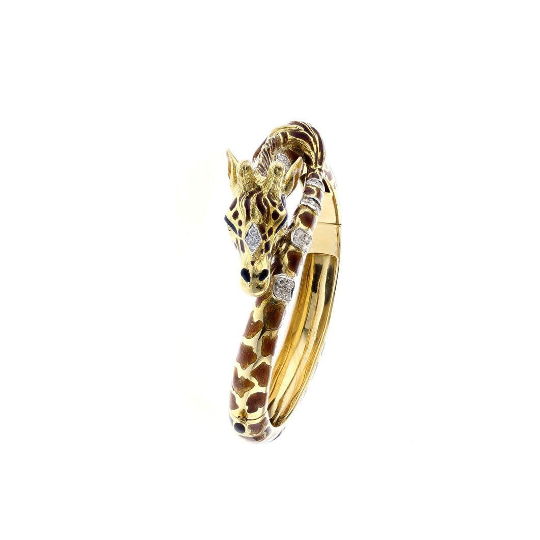 Estate 18K Gold Enamel Giraffe Bangle Bracelet