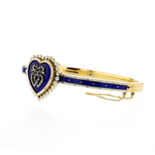 Load image into Gallery viewer, Early Victorian 14K Gold Blue and White Enamel Heart Bangle
