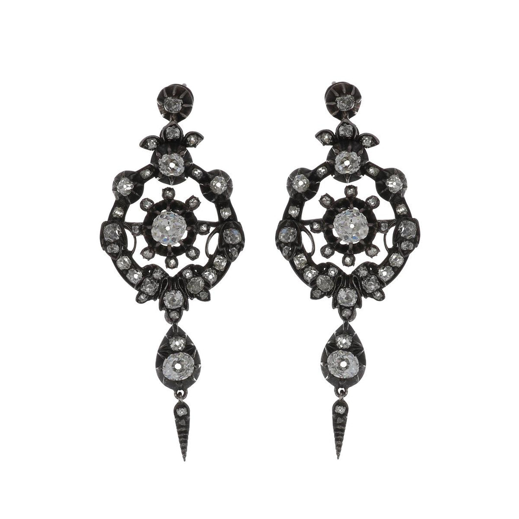 Mid-Victorian Silver-Topped 14K Gold Diamond Drop Wreath Earrings