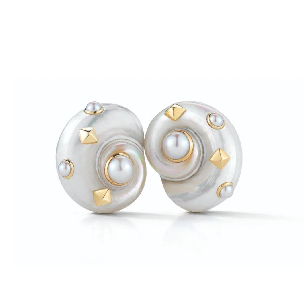 Trianon 18K Gold White Umbonium Shell and Pearl Earrings