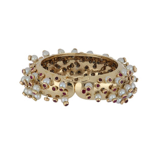 Retro 14K Gold Bangle with Articulated Pearls and Rubies