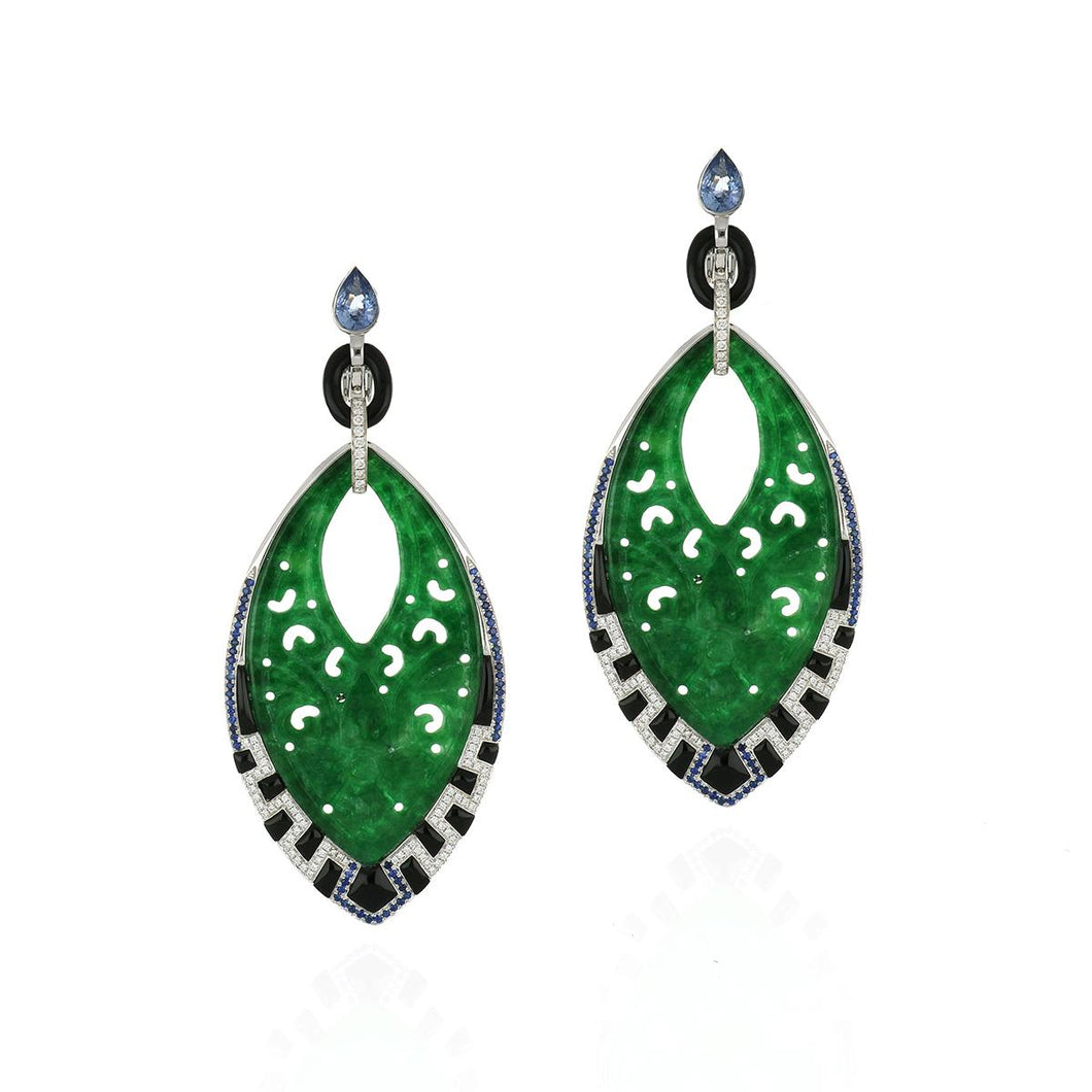 Estate 18K White Gold Carved Jadeite Earrings with Onyx, Sapphire and Diamond