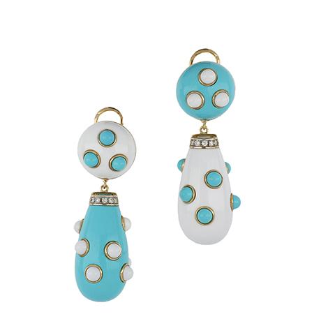 18K Gold Turquoise and White Agate Earrings