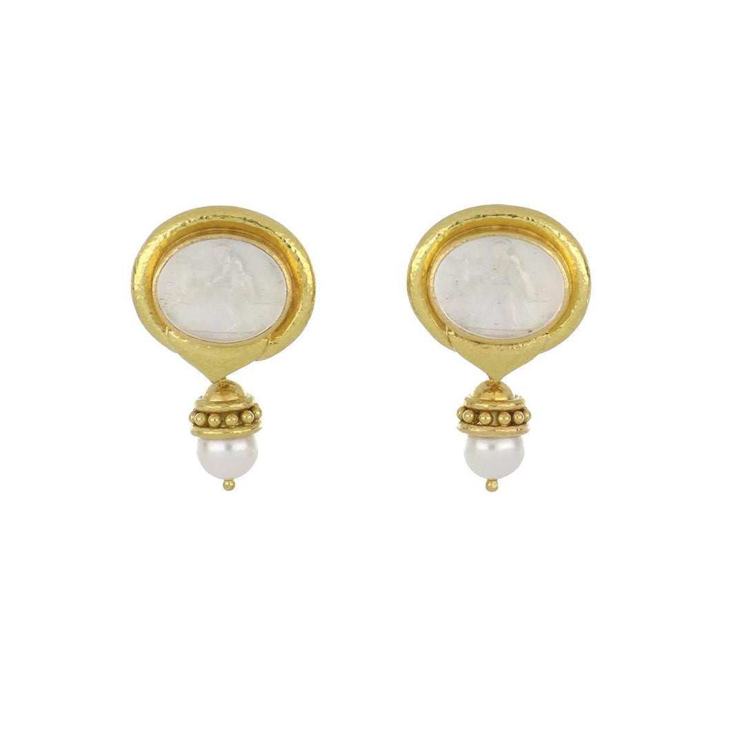Estate Elizabeth Locke 18K Gold White Venetian Glass Itaglio Pearl Drop Earrings