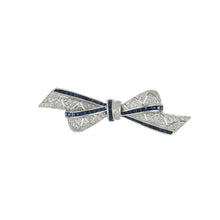 Load image into Gallery viewer, Estate 18K WhiteGold Diamond and Sapphire Bow Brooch
