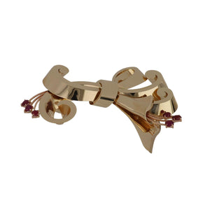 Retro 1940s 14K Gold Stylized Bow Pin with Rubies