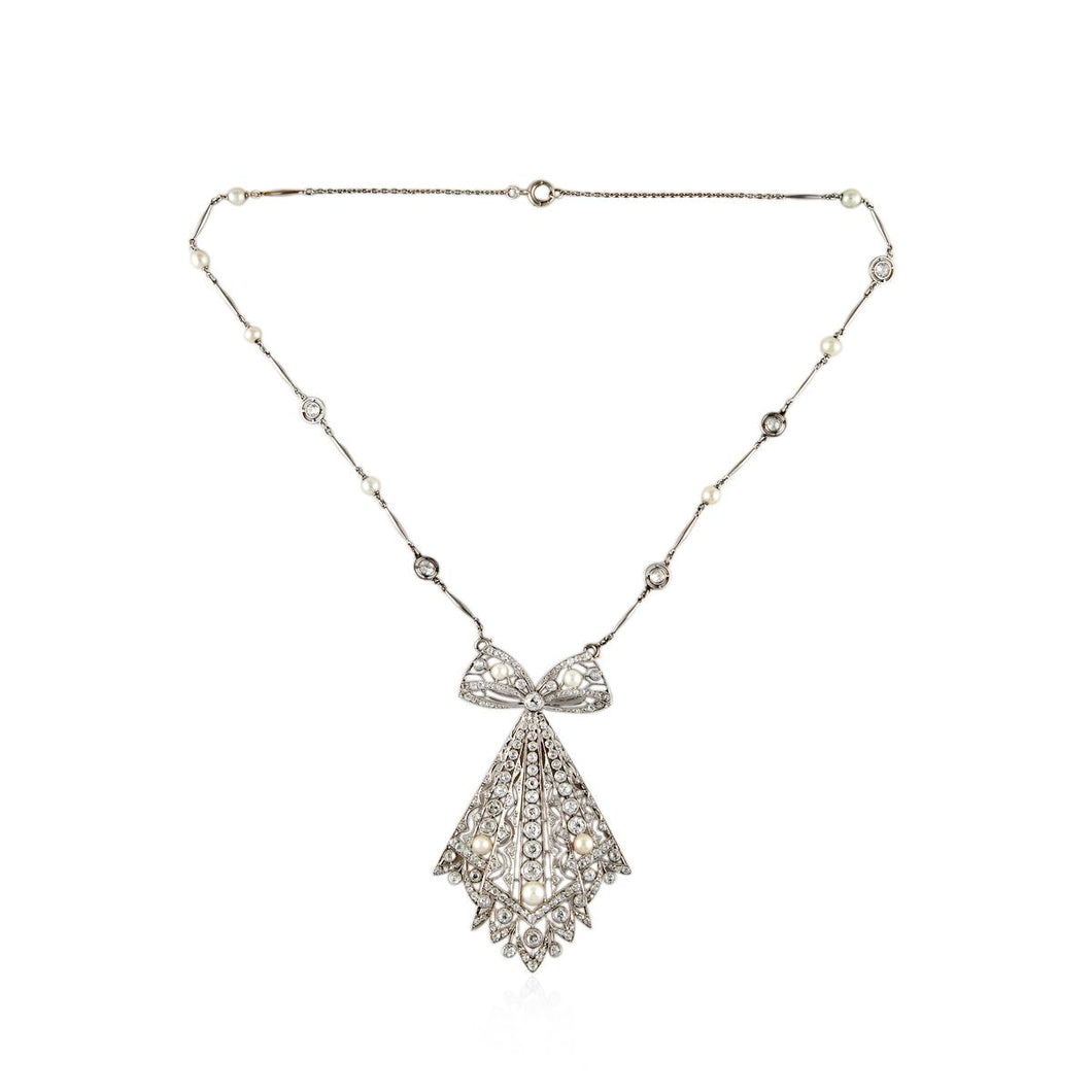 Edwardian Platinum and Pearl Diamond Bow Necklace