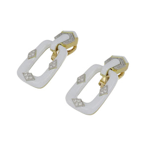 Estate David Webb Platinum and 18K Gold White Enamel Doorknocker Earrings