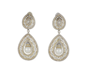 Estate 18K Two-Tone Gold Diamond and Pearl Drop Earrings
