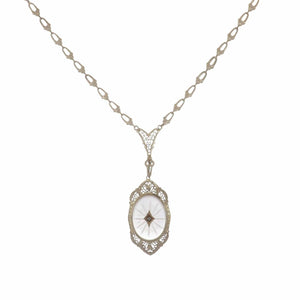 Art Deco Carved Rock Crystal 14K White Gold Pendant Necklace