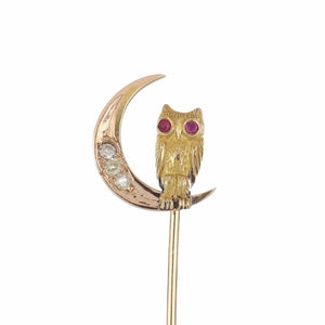 Art Nouveau 14K Yellow Gold Owl Pin