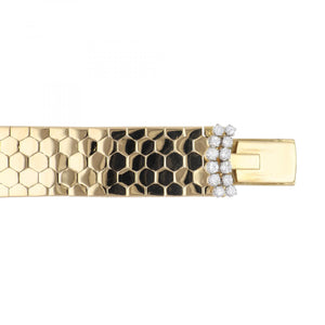 Retro 1940s 18K Gold Honeycomb Bracelet withGreen Beryl and Diamond Clasp