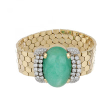 Load image into Gallery viewer, Retro 1940s 18K Gold Honeycomb Bracelet withGreen Beryl and Diamond Clasp
