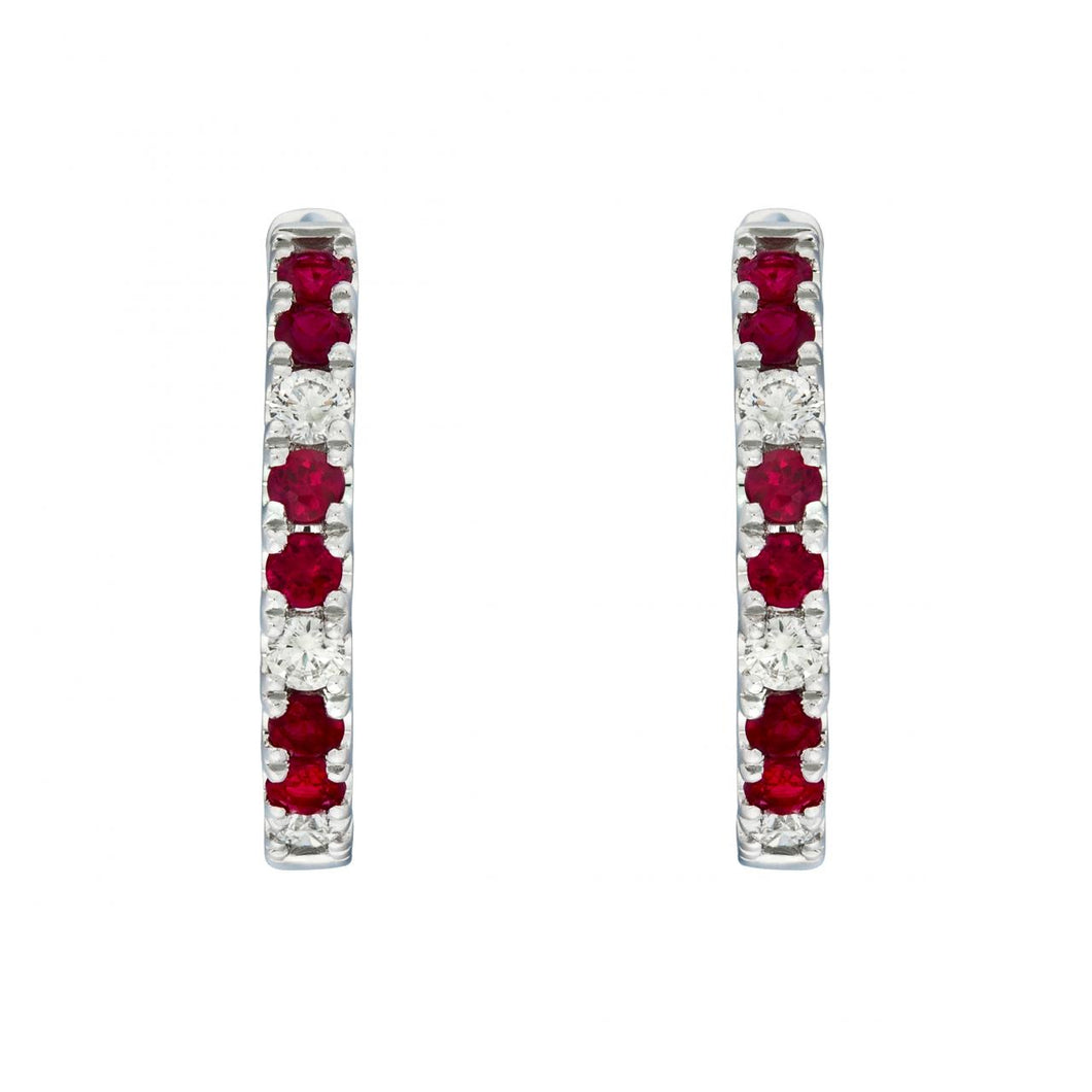 14K White Gold Ruby and Diamond Inside Out Hoop Earrings