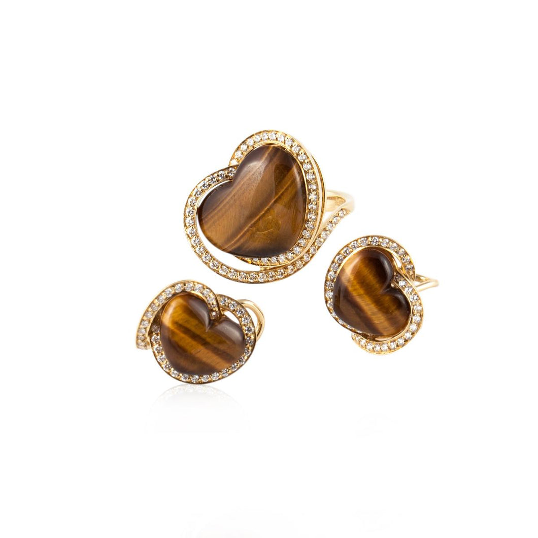 Estate Roberto Coin 18K Gold Tiger Eye and Diamond Earrings and Ring