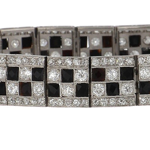 Art Deco Platinum French-Cut Onyx and Diamond Line Bracelet