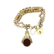 Load image into Gallery viewer, Antique English Victorian 9K Gold Heart Padlock Bracelet with Bloodstone and Carnelian Watch Key Fob
