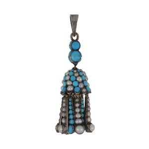 Georgian Silver and 18K Gold Turquoise and Split Pearl Tassel Pendant