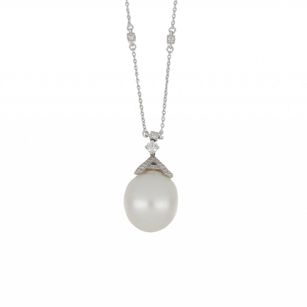 Estate Platinum South Sea Pearl Pendant Necklace with Diamonds