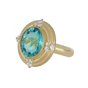 18K Gold Blue/Green Tourmaline Ring with Diamonds