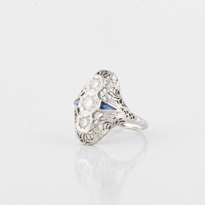 Art Deco 18K White Gold Navette Diamond and Sapphire Ring