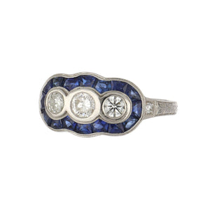 Art Deco-Style Platinum Three-Stone Diamond Ring with Sapphires