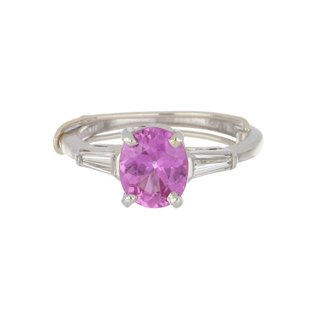 Platinum Oval Pink Sapphire Ring with Baguette Diamonds