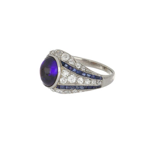 Art Deco Platinum Black Opal Ring with Diamonds and Calibré-Cut Sapphires