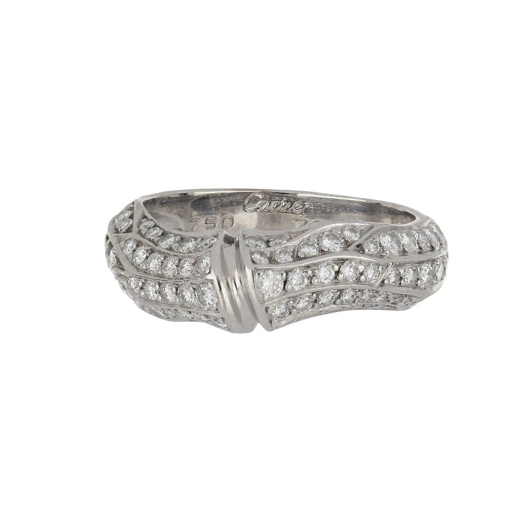 Vintage 1990s Cartier 18K White Gold Bamboo Ring with Diamonds