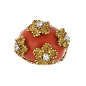 Vintage 1970s Neiman Marcus French 18K Gold Coral Dome Ring with Flowers and Diamonds