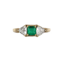 Load image into Gallery viewer, Vintage 1990s 14K Gold Emerald and Trilliant Diamond Three-Stone Ring
